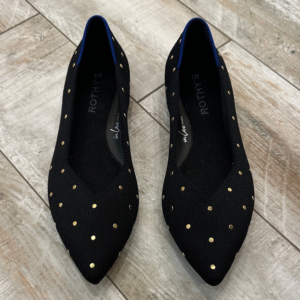 Rothy's Black Pointed-Toe Flats with Gold Studs- never worn 7.5